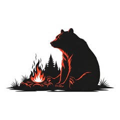 Obraz premium A majestic black bear sitting peacefully by a glowing campfire in the forest, isolated on white background
