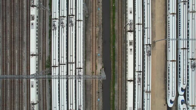 Aerial View of High Speed Trains in Railway Yard