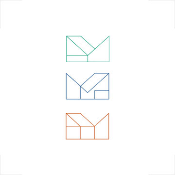 Modern minimalist M initial logo featuring a geometric tangram style for architecture and construction industries, providing a professional identity for engineering firms, real estate developers,  