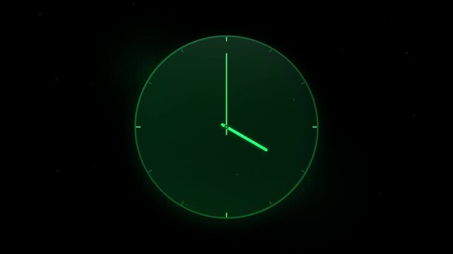 Green clock at four oclock on black background. Perfect for schedule, time management, punctuality concepts in design projects.