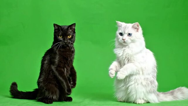 Black and white cats standing on hind legs doing synchronized mirrored dance on green screen, alternating paw waves and side steps, fun loopable chroma key duo

