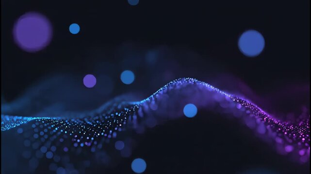 A futuristic abstract image showcases a dynamic wave of glowing particles against a dark background, interspersed with blurred circular lights in shades of blue and purple.