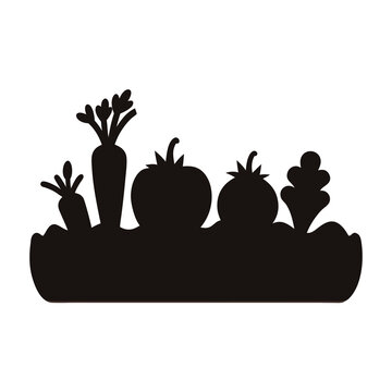 Black silhouette vector of a garden bed with various plants growing