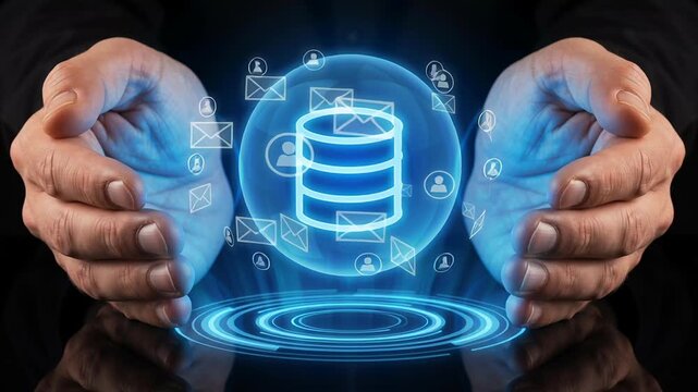 AI marketing process automation workflow customer support concept with hands protecting digital data storage database email communication technology network protection in blue hologram sphere