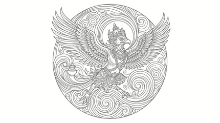 Obraz premium Mythical Garuda Bird Illustration - Ornate, Detailed Line Art with Swirling Background