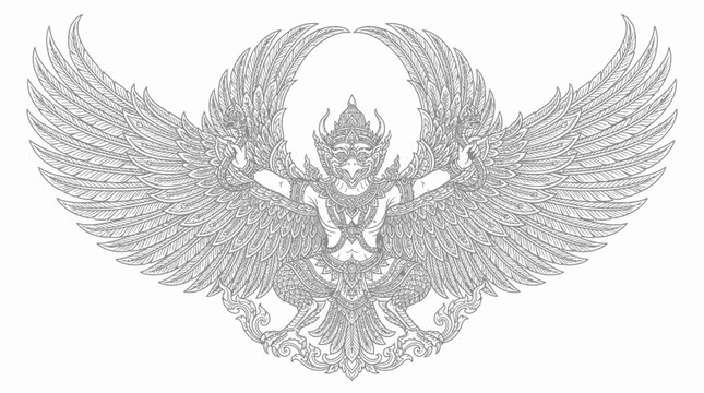 Ornate Mythical Bird Creature with Large Wings, Thai Art Style, Line Drawing