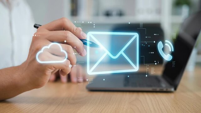 AI marketing process automation workflow with customer support featuring hand interacting with digital email cloud and phone icons illustrating marketing process and workflow