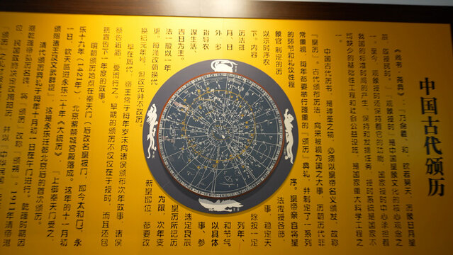 Ancient Chinese calendar and star chart exhibition panel with detailed explanations