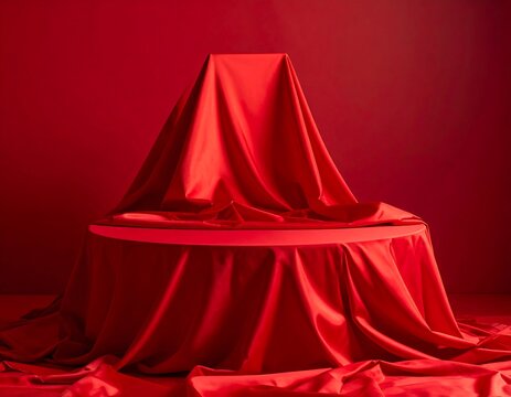 A round table draped with smooth red fabric, creating folds and shadows against a red backdrop