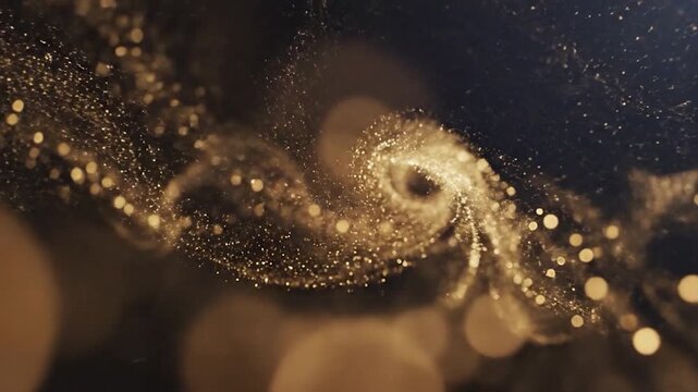 Golden glowing particles swirl and dance in dark space