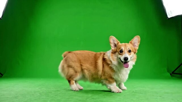 Happy golden retriever dog standing on hind legs dancing on green screen, energetic paw clapping, little jumps, wagging tail, joyful loopable chroma key footage

