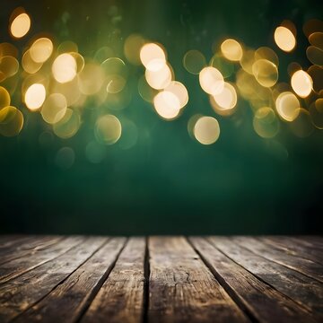 Soft bokeh lights in green and gold tones, blurred festive background, large empty space in center for text, minimal and elegant