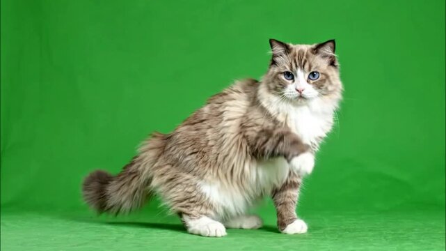Cute domestic cat standing on hind legs dancing on green screen, full shot, small paw waves, gentle side steps, bouncy body sway, adorable loopable chroma key video

