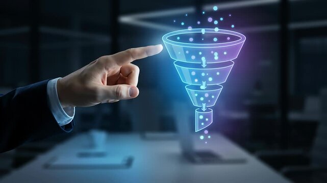 AI marketing process automation workflow with customer support funnel concept showing hand pointing at glowing digital sales funnel for business growth and customer engagement