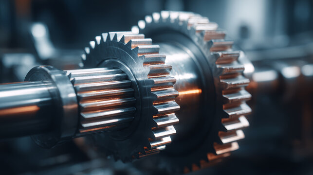 Industrial gear metal gear steel gear cogwheel machine precision metalwork detail shiny teeth rotate power transmission in factory workshop