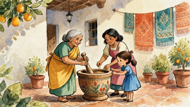 Three generations of women grinding spices together at a wooden mortar in a bright courtyard, watercolor illustration