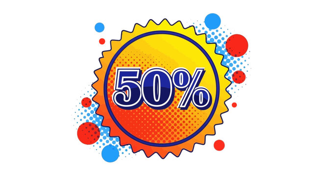 50% Off Discount Sticker, Sale Tag with Pop Art Halftone Dots and Bubbles