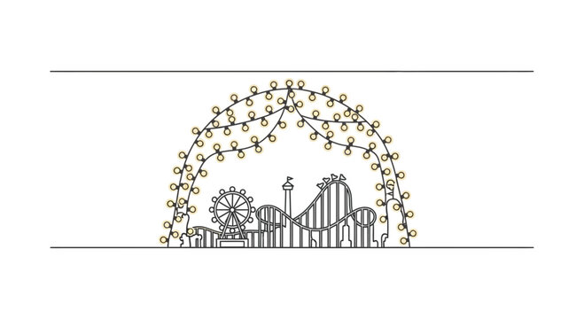 Amusement Park Skyline with Ferris Wheel and Roller Coaster, Illuminated by String Lights