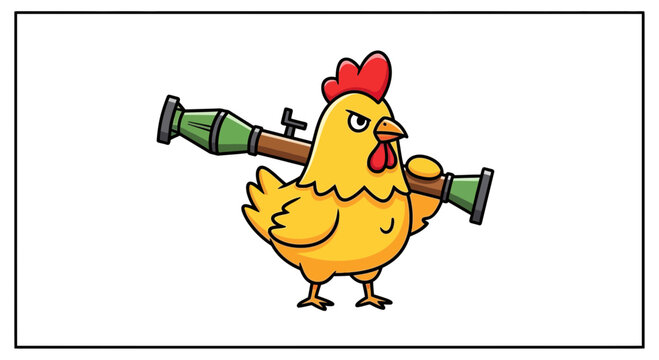 Angry Chicken Holding Rocket Launcher, Funny Cartoon Character with Weapon