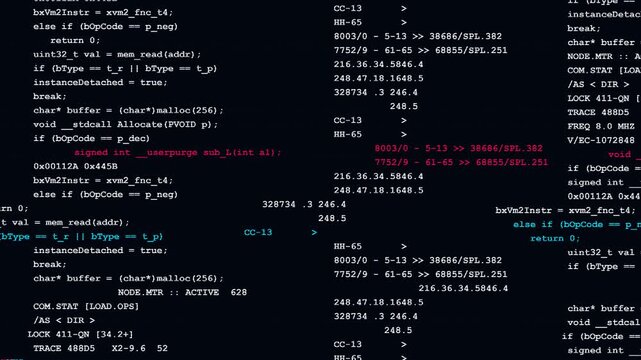 Source Code Scrolling Animation on Black Screen with Digital Glitch Effects for Programming and Cybersecurity Projects