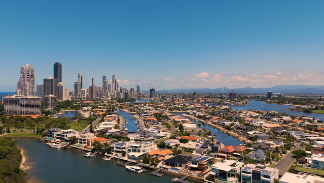 Aerial View of Gold Coast Cityscape and Waterfront Residential Area