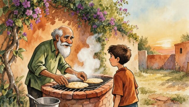 Elderly grandfather cooking traditional flatbread for grandson outdoors