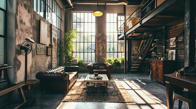 Bright Industrial Loft Living Room Bathed in Warm Morning Sunlight with Lush Greenery and Exposed Brick