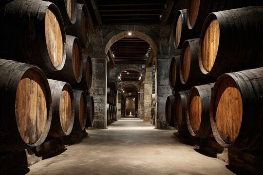 Rows of wooden barrels in a dimly lit cellar