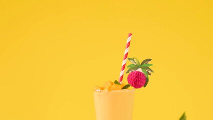Tropical Mango Smoothie with Striped Straw and Garnish on Yellow Background © blueringmedia