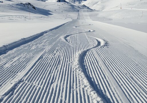 Fresh groomed snow surface with s-shaped ski tracks on a winter mountain slope for ski resort promotion, alpine travel advertising and winter sports marketing