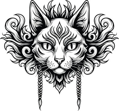 Ornate tribal cat head with braids and swirling patterns