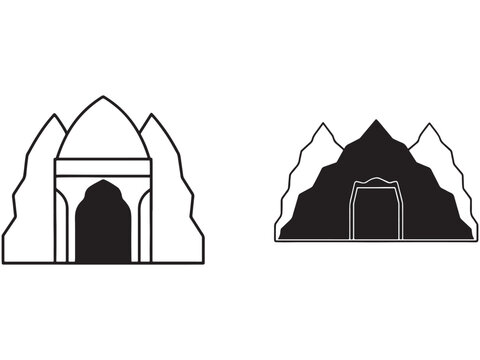 Line drawing of two mountain structures with entrances side by side one in black and white and the other in solid black with white outline