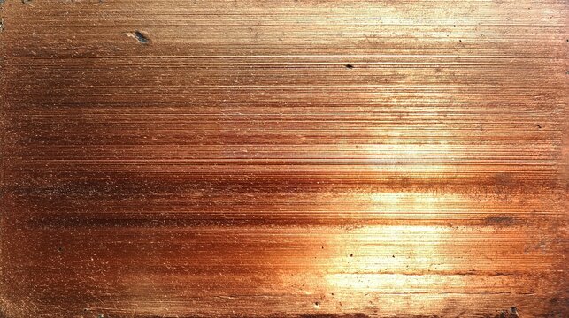 the image presents a brushed copper texture, featuring distinct parallel striations across its surface. bright, elongated light reflections emanate from the bottom right of the frame, arcing upwards a
