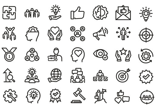 Core Values web icon set in line style. Innovation, integrity, customers, accountability, teamwork, goals, motivation collection. Editable stroke. Vector illustration.