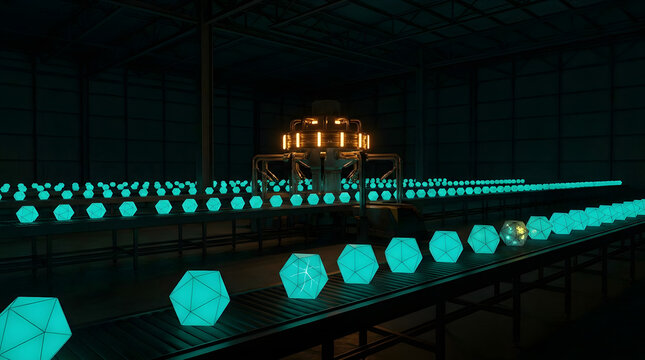 Glowing cyan icosahedrons on industrial conveyor belt