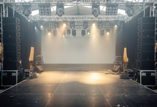 Professional concert stage with lighting rig and sound system ready for live performance, music entertainment and corporate event production branding with copy space