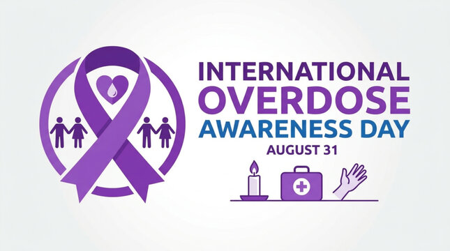 Graphic illustration for International Overdose Awareness Day on August 31 with purple ribbon and awareness symbols