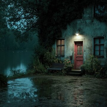 Serene Nighttime Scene of a Lakeside Cottage