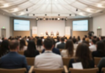 Fototapeta premium Blurred audience sitting in a business conference venue looking at a stage for corporate event marketing, professional seminar promotion and workshop advertising