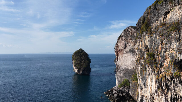 Aerial View of Limestone Karst Cliffs and Ocean in Phi Phi Islands
