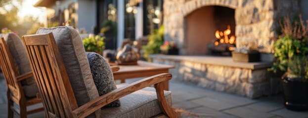Fototapeta premium Cozy outdoor living space with wooden chairs and stone fireplace 