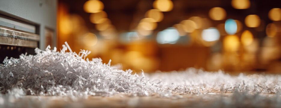 Office paper shredder with shredded paper on the floor in workspace  