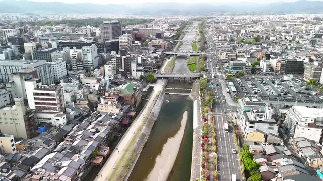 Kyoto aerial view with Kamo River and city buildings urban skyline panorama