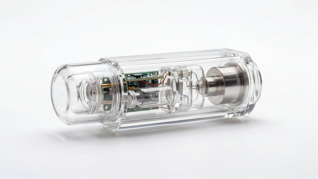 Transparent device with intricate internal components on a white background