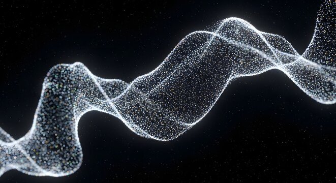 Twisting cosmic stardust wave. Abstract galaxy nebula and magical energy stream. Luminous particle ribbon flowing across a dark starry background.