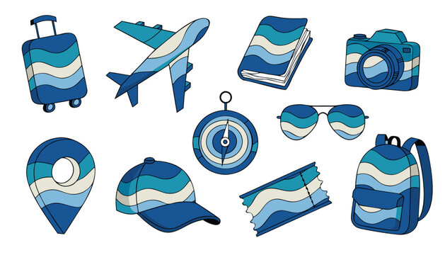 Travel and vacation icon set with airplane suitcase camera map pin sunglasses and travel accessories