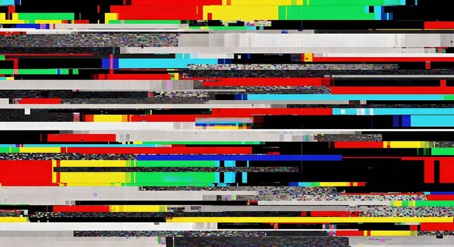 Colorful digital glitch distortion with horizontal pixel bands. Broadcast error and corrupt media signal. Broken television screen displaying abstract colored static error interference.