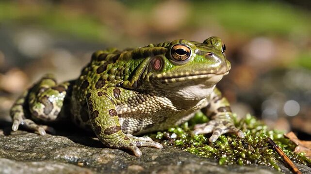A green amphibian rests on mossy rocks in natural sunlight