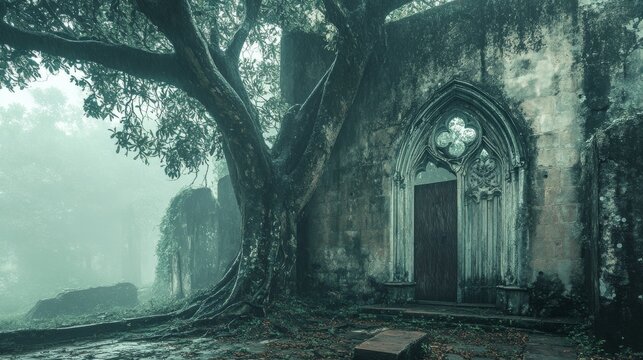 Ruined church shrouded in misty forest. Ancient stone walls, large tree