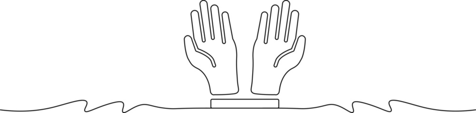 A minimalist line drawing of two hands rising from the water with palms facing forward